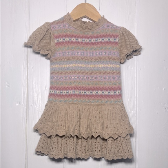 RALPH LAUREN VGUC Wool Blend Fair Isle Knit Crochet Ruffle Lace Sweater Dress